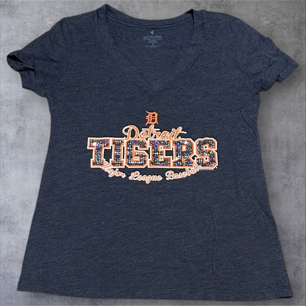Detroit Tigers V Neck T Shirt Major League Baseball‎ Rhinestone Embellished L